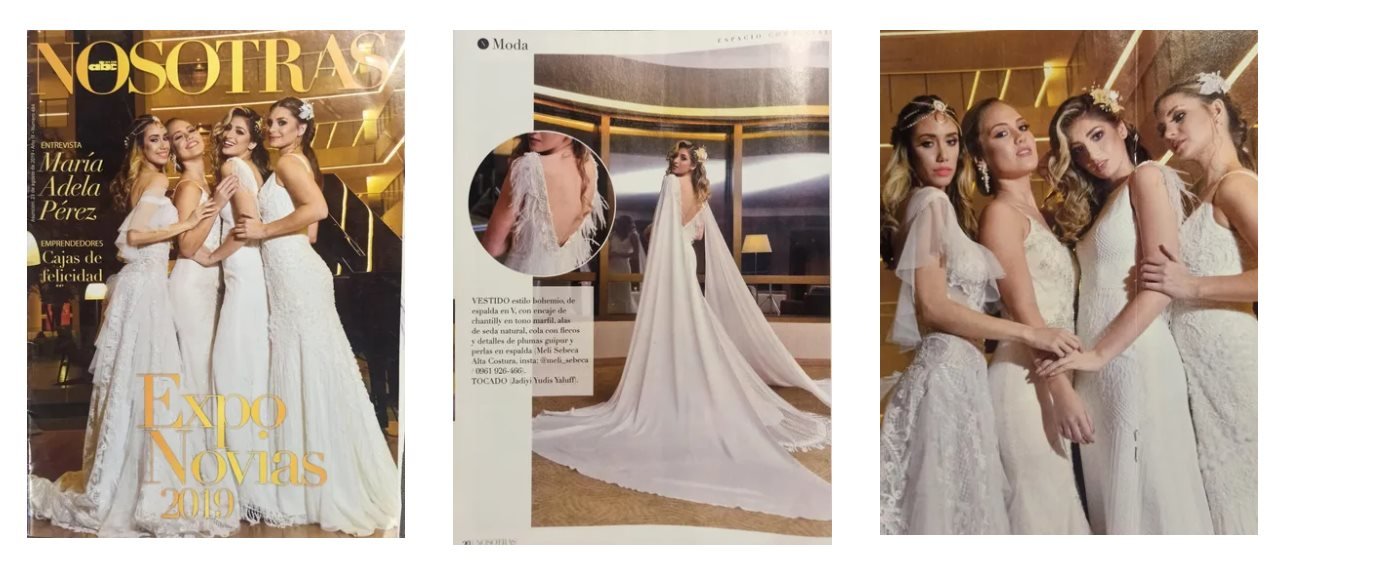 Tapa y página de moda de la revista ABC Nosotras, Expo Novias 2019, con crédito a Meli Sebeca Alta Costura